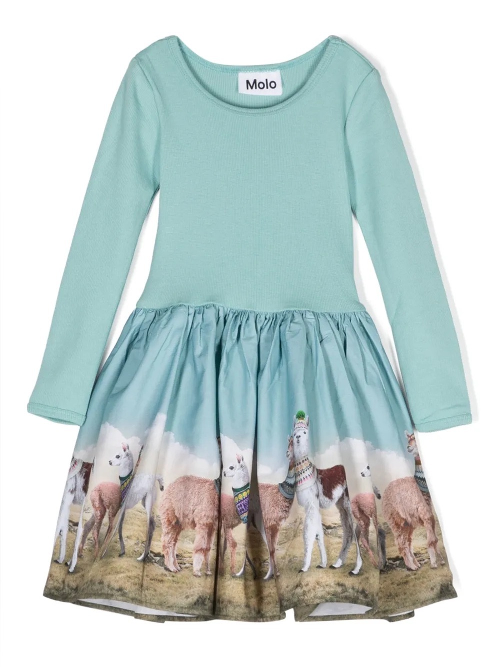 Molo Girls Fit & Flare Long Sleeve Dress Blue Animal Print Skirt 134/140